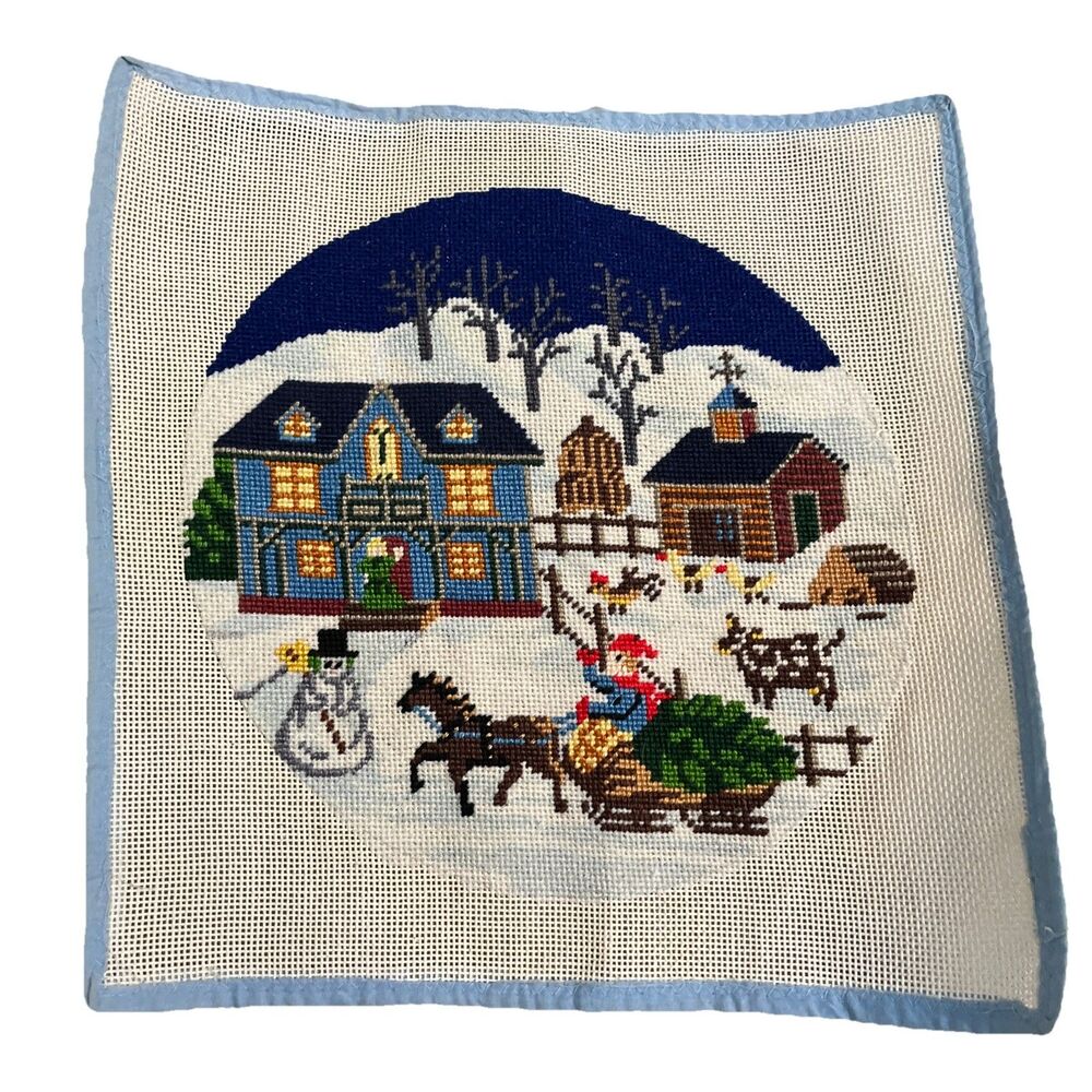 VTG RARE Completed Charles Wysocki Cross Stitch Folk Art Village Christmas Round